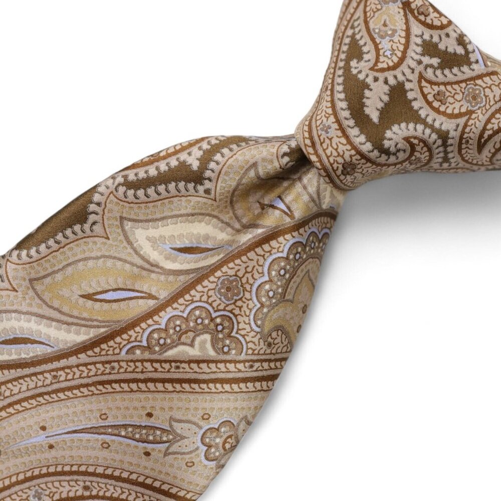 New IKE Behar 100% Silk Neck Tie Tan Blue Paisley Print Woven Made in USA NWT - Picture 8 of 8